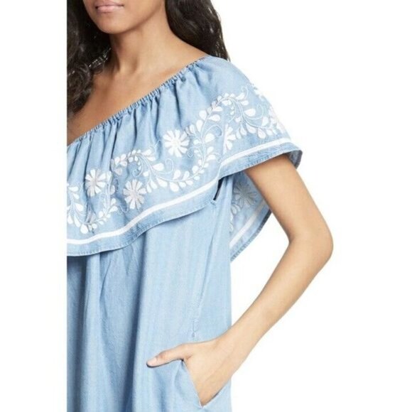 Rebecca Minkoff Rita Embroidered Chambray One Shoulder Shift Mini Dress Size XS - Picture 7 of 17